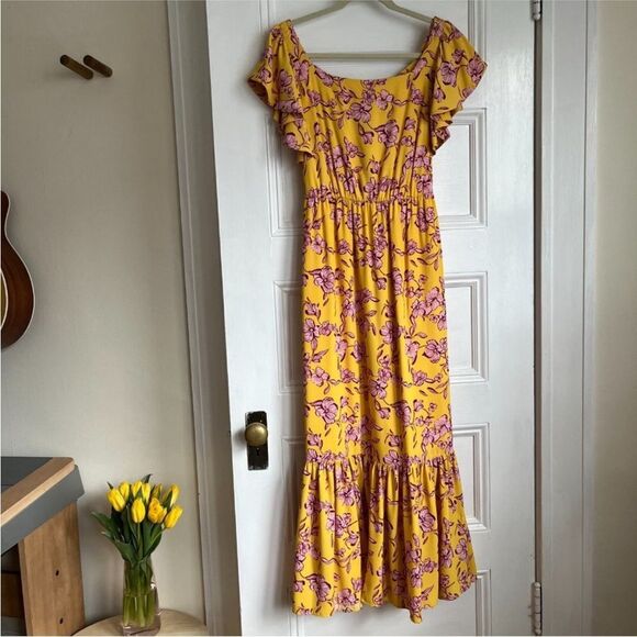 Sachin & Babi Yellow Flutter Sleeve Floral Print Maxi Dress Size 8 - Picture 3 of 10